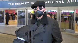 Marilyn Manson Sports Bizarre Leather Face Mask At LAX