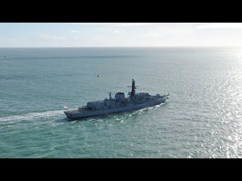 HMS Lancaster departing 15 February 2022 Portsmouth Royal navy base.
