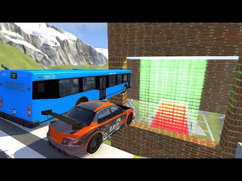 High Speed Jumps Through Green Freeze Gas Wall In Red Slime Pool - BeamNG drive Crazy Vehicle Jumps