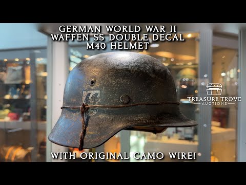 German WW2 M40 Waffen SS Double Decal Steel Helmet - SS Quist Runes & Party Shield w/ OG Camo Wire