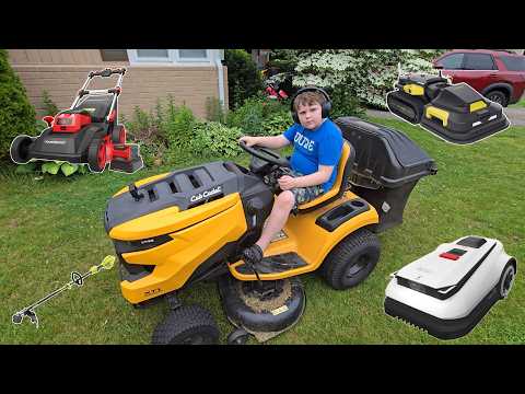 We use FOUR lawnmowers to mow our yard! Lawn mowers / Weed Eater / Yard Work videos for kids