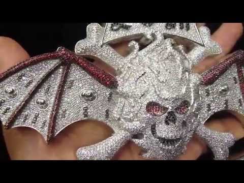 Custom Iced Out Micro Pave Diamond Skull Wings Lets Get Money Pendant