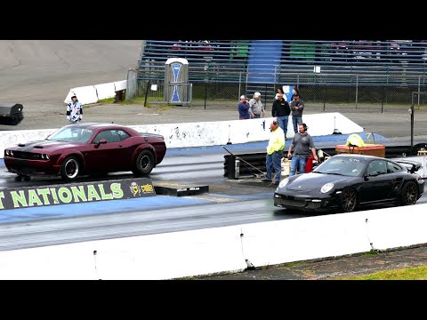 Porsche 911 Turbo Drag Race Vs. Dodge Challenger SRT Hellcat At Pacific Raceways - Kent, WA