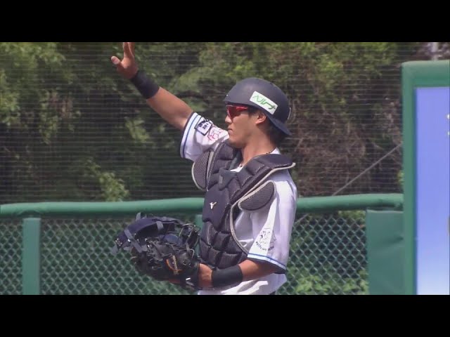 【ファーム】ライオンズ・牧野翔矢 正確なセカンドへの送球で盗塁を阻止する!!  2024年6月8日 埼玉西武ライオンズ 対 東京ヤクルトスワローズ