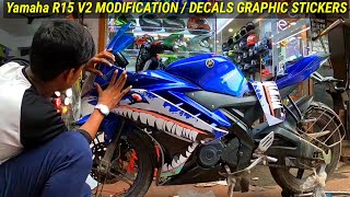 Yamaha R15 V2 Full Body Wrap Custom Decals Blue Shark Stickers | CR Decals Designs | PATNA BIKES
