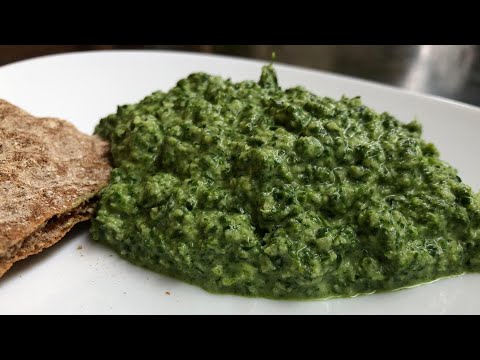 Spinach pesto recipe. Pasta dressing recipe with spinach, apples, yogurt, olive oil, lemon, mustard.