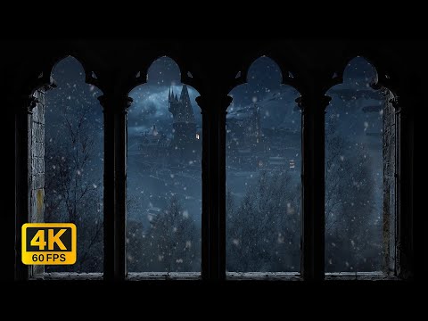 4K Harry Potter Winter Window View - Hogwarts Snow Ambience & Wind Sounds for Study and Sleep