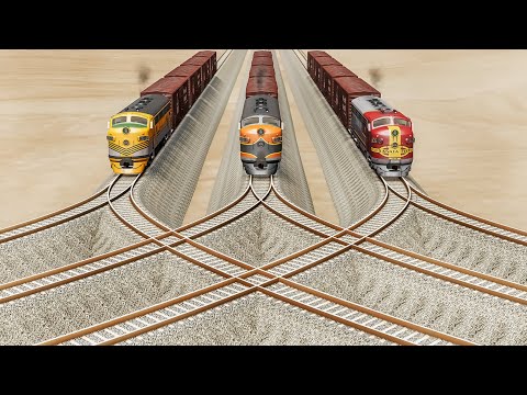 Impossible Three Trains Crossing Diverging Rail Tracks - BeamNG.Drive