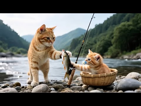 Mama Cat Catches Fish by the River, Heads Home to Cook Fish for Her Kitten 🐾🍲#cat #cute #funny