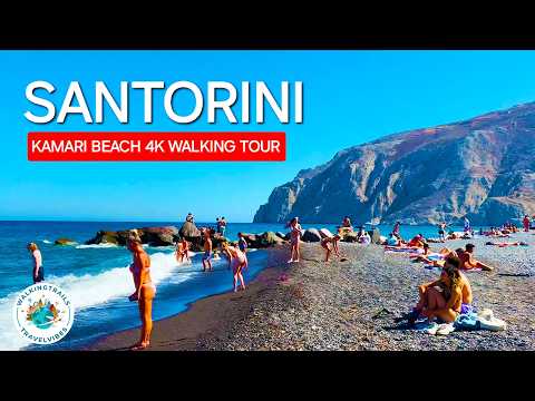 Kamari, Greece 🇬🇷 - Santorini Beach Walk in 4K Ultra HD with Captions
