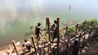 preview picture of video 'Manual pile driving on river, 3 men, Ngapali, Burma, 2015-01-23'