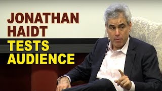 Video thumbnail of, "Jonathan Haidt Tests Audience." Jonathan Haidt sits on chair. 