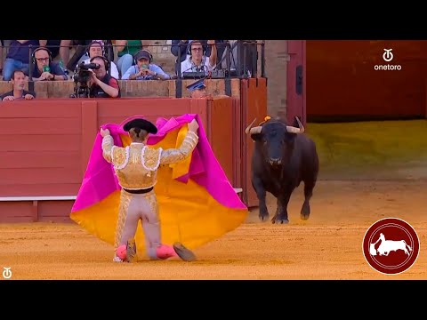 At the gate, Borja Jiménez, second bull, April Fair, Seville 10-04-2024
