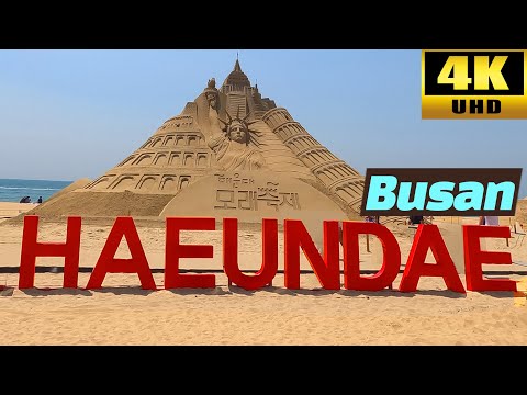 Praia de Busan Haeundae / Festival de Areia / Blueline Park Beach Train / Sky Capsule - Coreia 4K