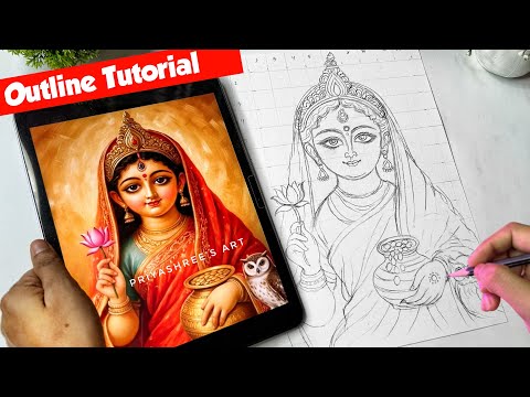 Laxmi Mata Drawing, How to draw lakshmi Mata, Lakshmi Drawing Outline tutorial