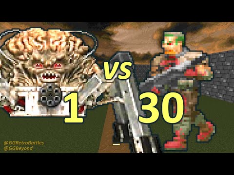 Spider Mastermind vs 30 Zombiemen - Monster Infighting - Doom Retro Battles