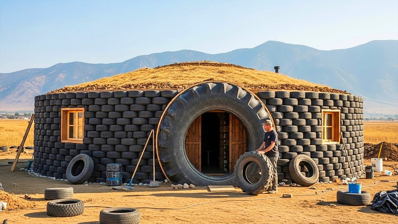 رجل واحد يتحدى المستحيل! يبني منزلًا من الإطارات قد يصمد 1000 سنة… السر سيصدمك!