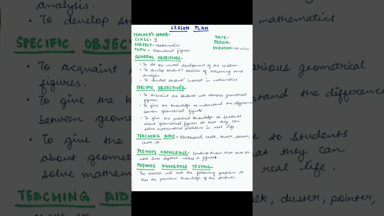 Maths lesson plan on geometrical figures for class 2
