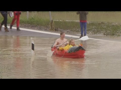 Canoe on flooded A8 motorway in Germany