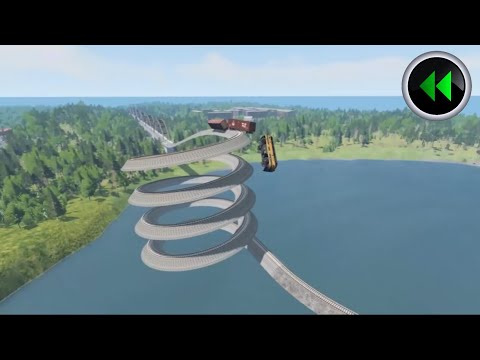Reverse Trains Crossing Giant Pit vs Impossible Weird Spiral Rail Tracks - BeamNG Drive