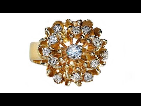 Certified White Diamond Estate Vintage Flower Engagement Statement Ring 0.95 cts 14k Yellow Gold