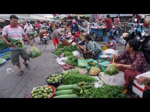 Early Morning Street Vegetable Market - Many Fresh Fruit, Vegetable, Beef, Pork, Fish & More Food