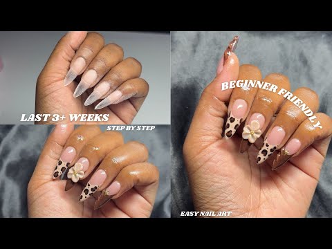How to do GEL X NAILS at home 🤍| Step by Step Gel X | 3d flower tutorial 🤎🐆