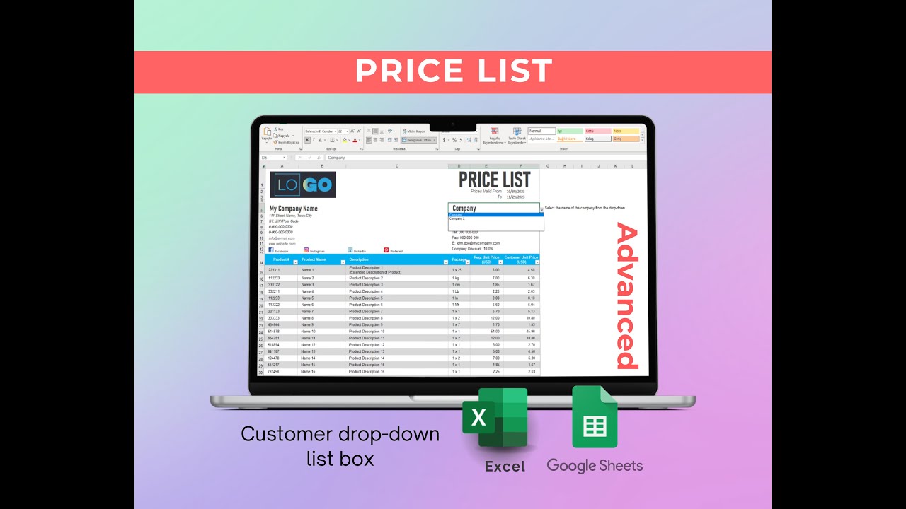 Excel price list template, Google sheets template, instant download