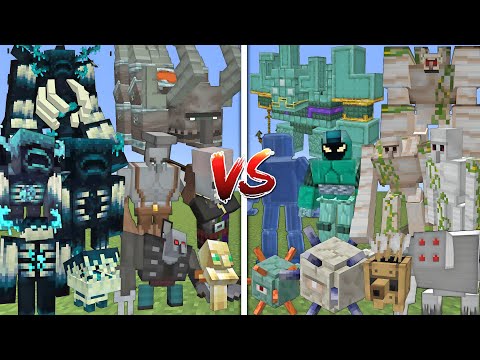 ALL WARDENS & PILLAGERS VS ALL GUARDIANS & IRON GOLEM MOBS BATTLE IN MINECRAFT
