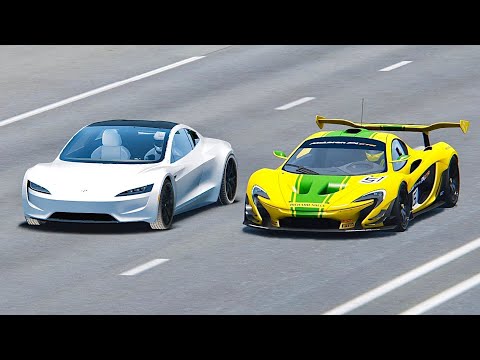 Tesla Roadster vs McLaren P1 GTR - Drag Race