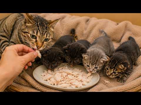 I saved the stray cat mom and her five poor kittens with chicken meat slices.