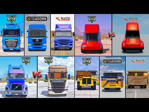 GIANT DUMP TRUCK VS TESLA TRUCK  VS DAF TRUCK IN GTA 5 VS TEARDOWN VS BEAMNG -WHICH IS BEST ?