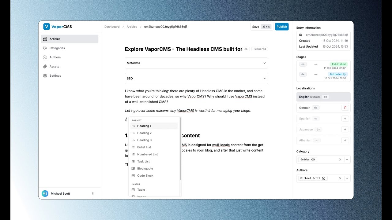 VaporCMS demo video