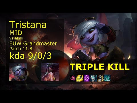 Tristana Mid vs Akali - EUW Grandmaster 9/0/3 Patch 11.8 Gameplay