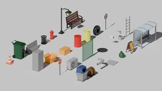 28 Low Poly Urban Street Props Pack | Game Ready 3D Assets | 360° Preview