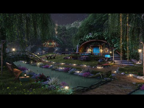 Hobbit Village Ambience🌙Night Time In The Shire, Calming Nature Sounds, Occasional Rain, Wind Chimes