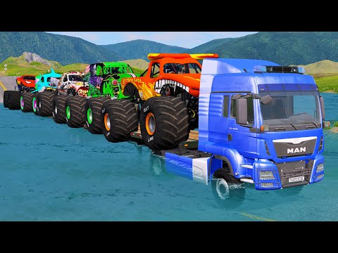 Quad Flatbed Long Trailer Monster Trucks Transport Car Rescue - Cars vs Deep Water - BeamNG.drive09