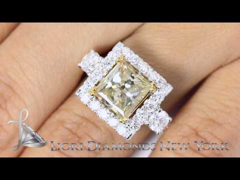 FD-575 - 4.72 Carat Fancy Yellow Princess Cut Diamond Engagement Ring 14k Gold Pave Halo