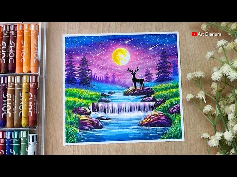 Moonlight Waterfall Scenery with Oil Pastel - for Beginners- Step by Step