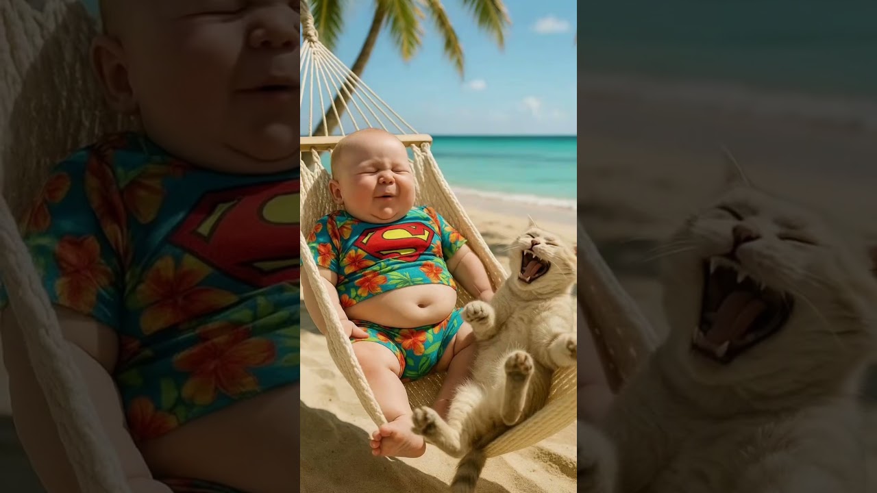 🌴南国の風より速く、おならが炸裂💨タマ二郎、笑いすぎて呼吸困難www🤣🐱👶 #赤ちゃん #猫 #スーパーベビー #タマ二郎 #おなら動画 #爆笑動画 #癒し動画 #南国  #笑いの連鎖