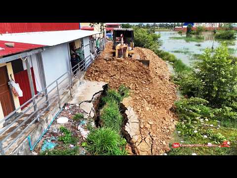 Nicely Landfill Flood Land Area Against Wall​ Completing! Skills Dozer Pushing Soil & 25t Dump Truck