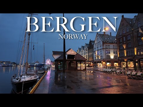 🇳🇴 Bergen Walking Tour at Night | Rainy Stroll Through Norway’s Hanseatic City
