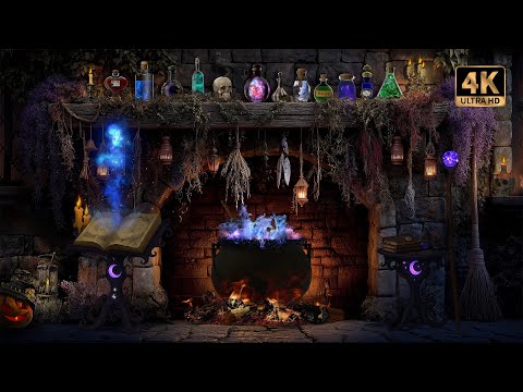 Witch’s Cauldron Halloween Fireplace 🧙‍♀️ Crackling Fire, Bubbling Cauldron & Magic Spells | 4K 🔥🪄