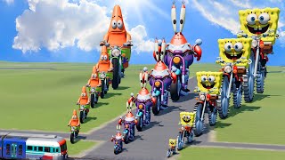Big & Small: SpongeBob with Saw wheels vs Mr. Krabs vs Patrick on a motorcycle vs Train | BeamNG