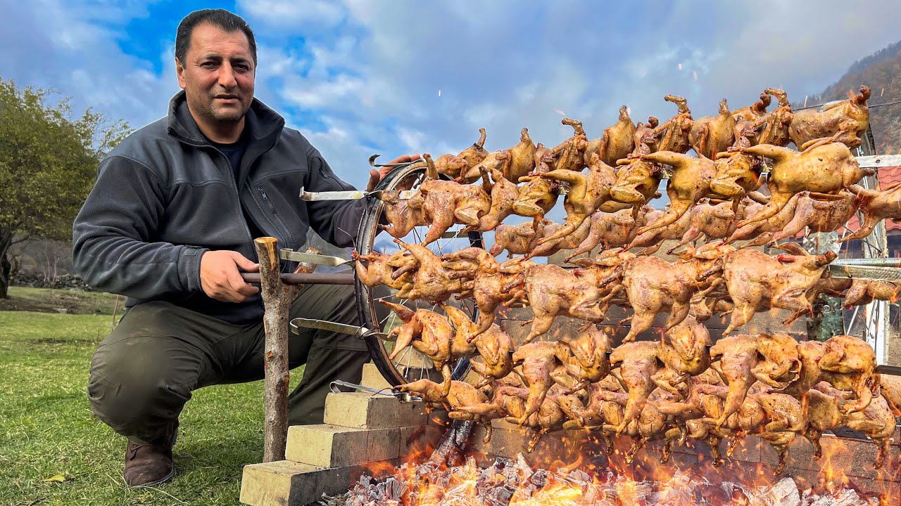 Grilled Chicken using a Spit on a Watermill! 100 Chickens at a Time