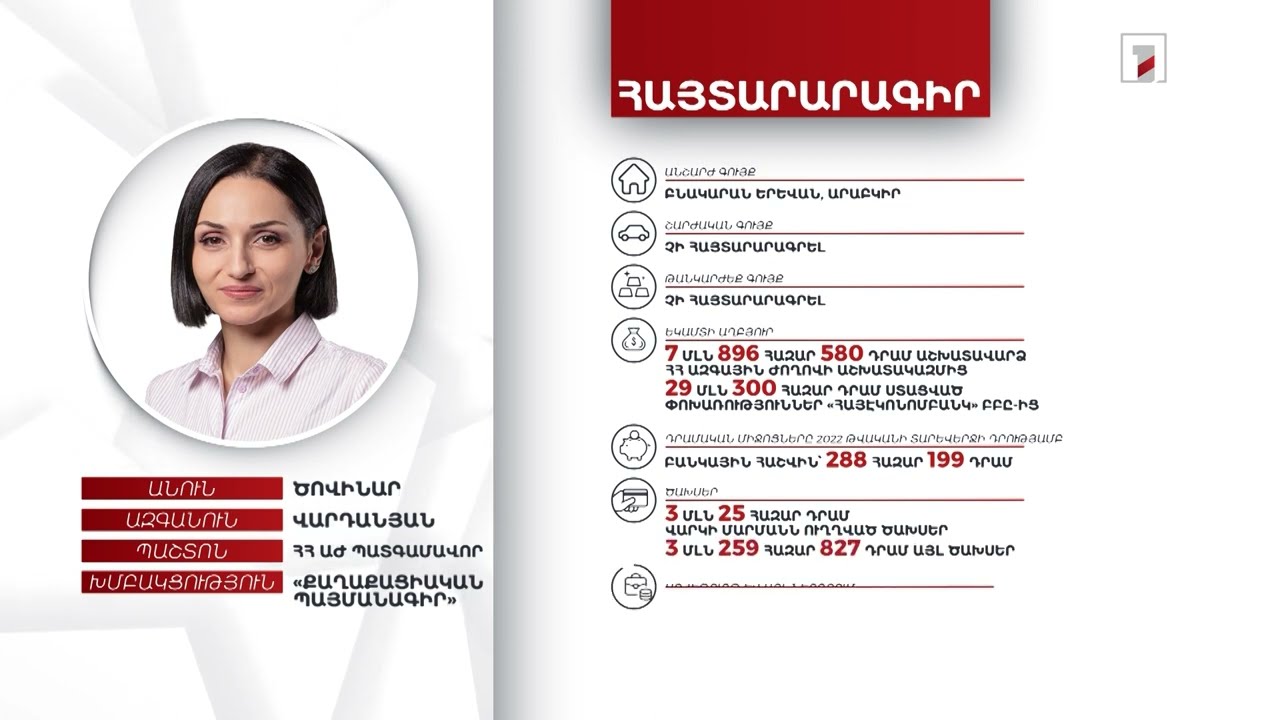 Բնակարան, 288 հազար դրամ. ՀՀ ԱԺ պատգամավոր Ծովինար Վարդանյանի հայտարարագիրը