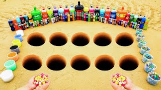 Experiment: Giant Sprite, Coca Cola, Fanta, Mtn Dew, Sodas vs Mentos in Different Underground Holes