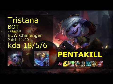 Tristana ADC vs Ezreal - EUW Challenger 18/5/6 Patch 11.20 Gameplay
