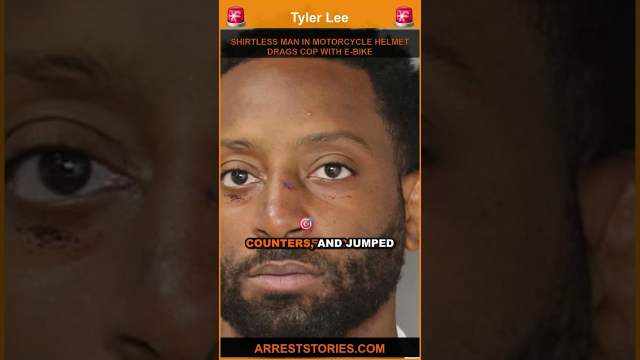 SHIRTLESS MAN IN MOTORCYCLE HELMET DRAGS COP WITH E-BIKE