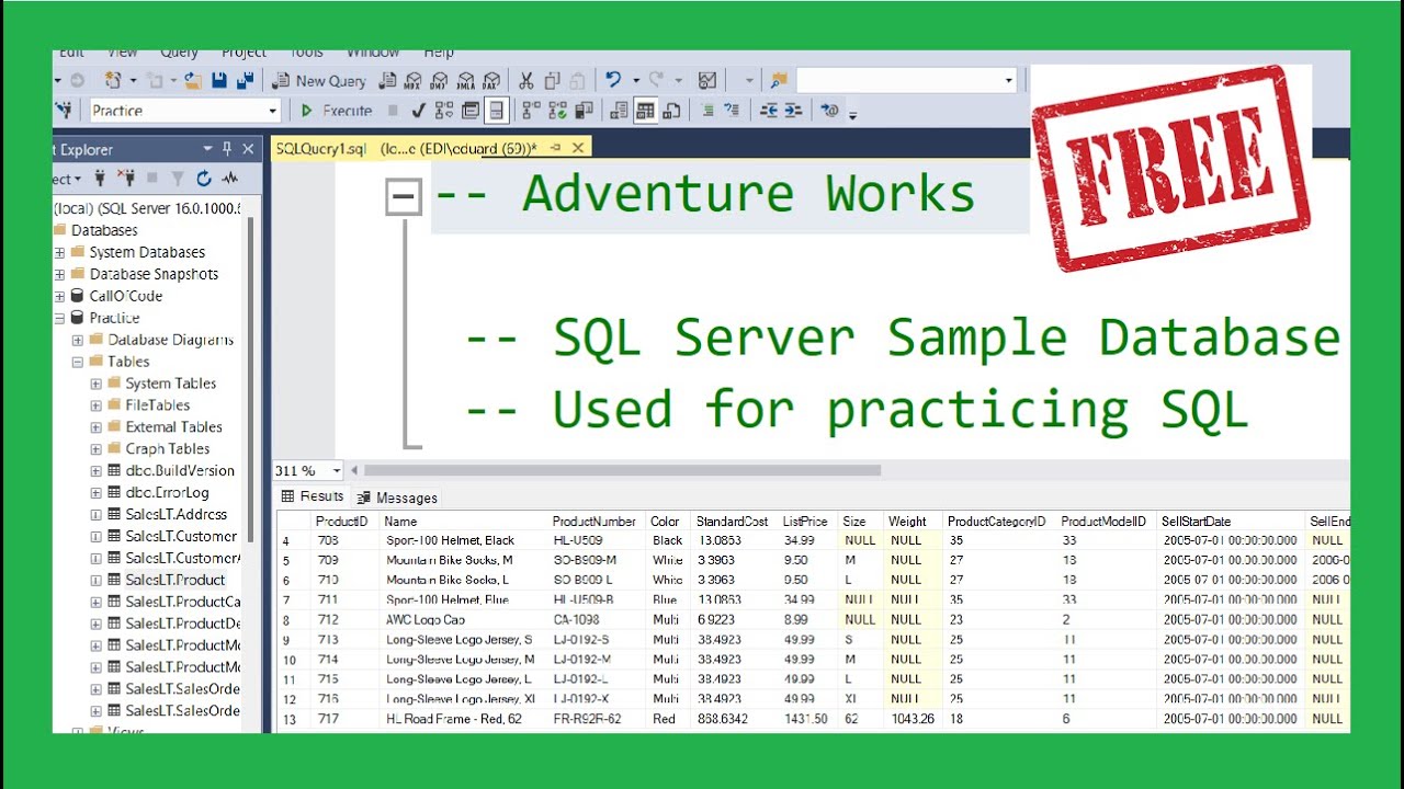 Free practice database for SQL Server (AdventureWorks)